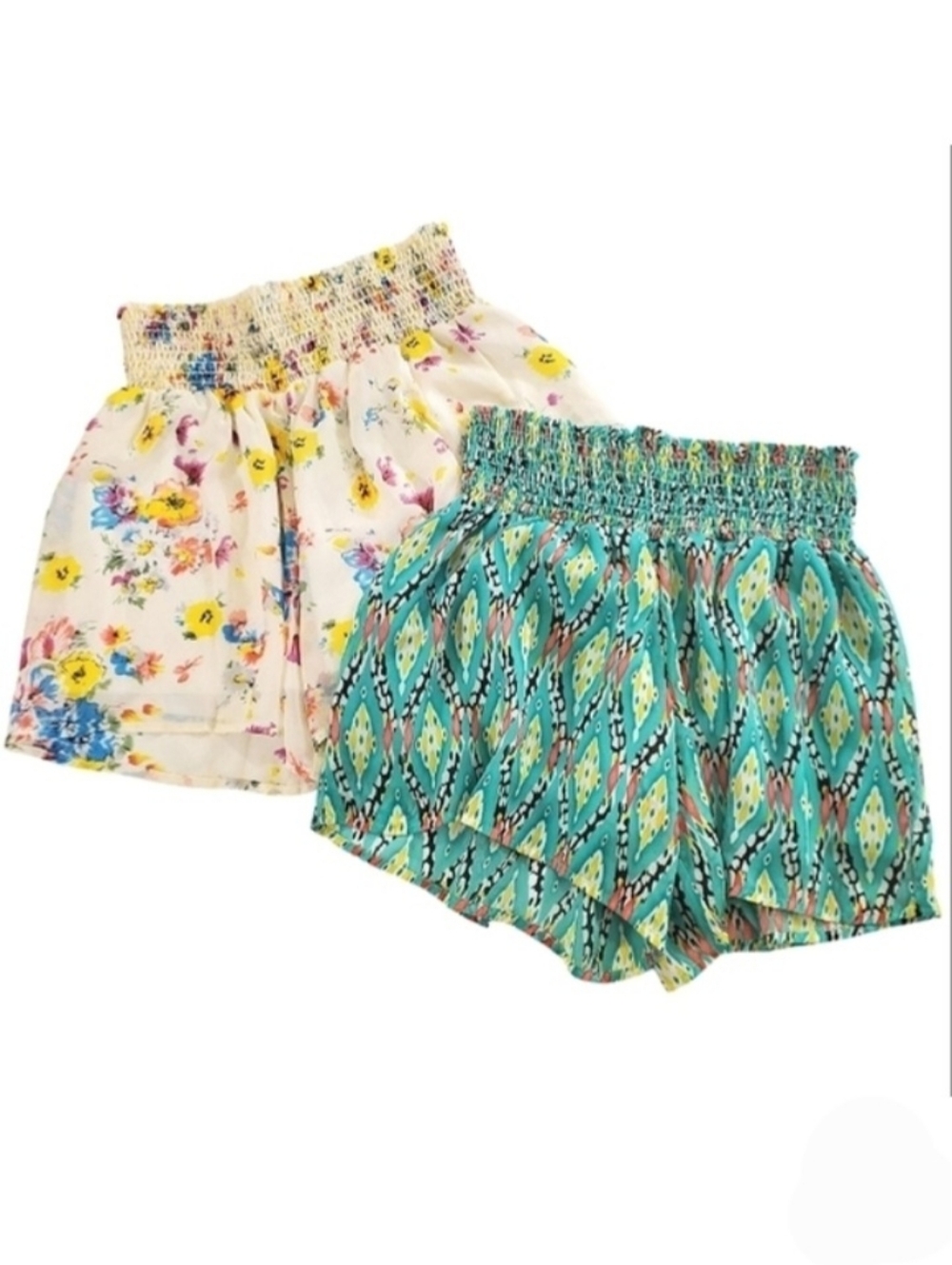 2164 * Unbranded Smocked Waist Shorts Cream Teal Size Set Of 2